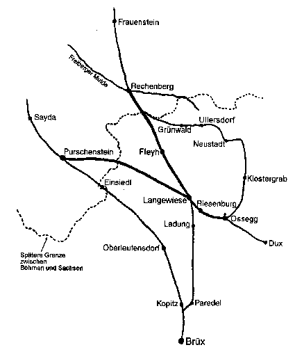 Skizze der frühen Wege über das Erzgebirge